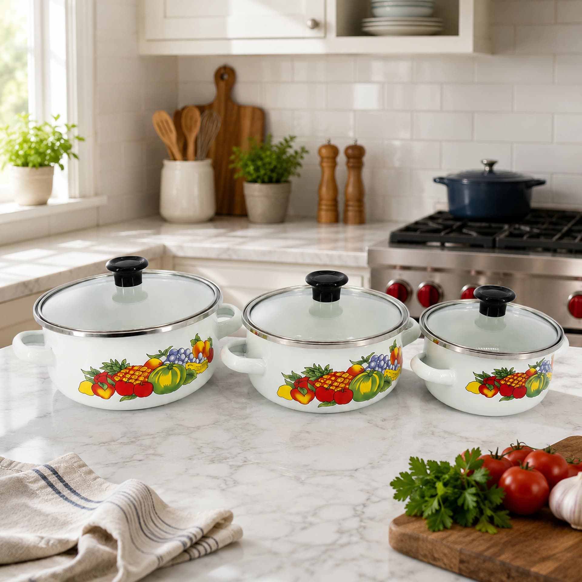 products.photoOf Enamel Cookware Set 3-Piece Fruit Pattern with Glass Lids KB-9103