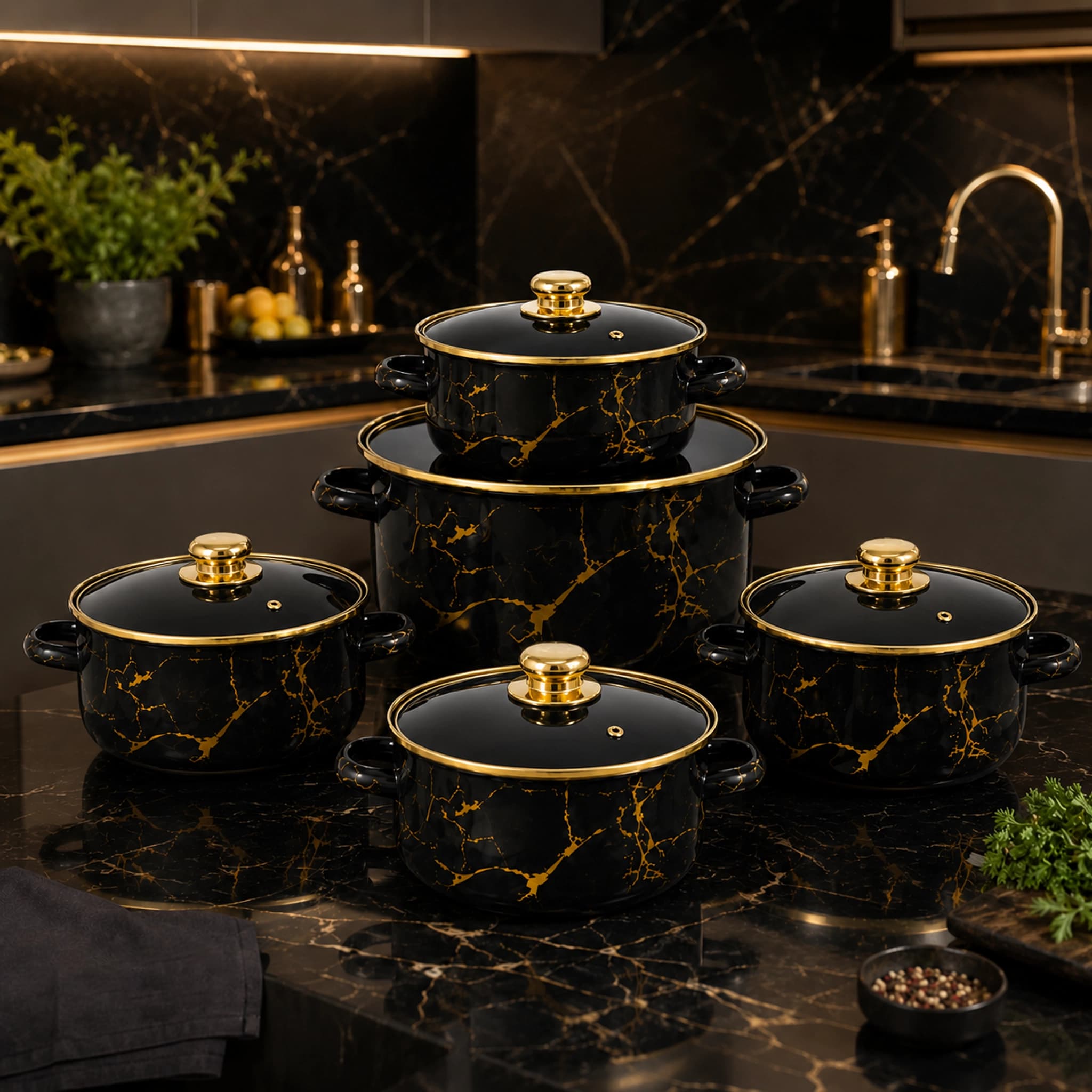 products.photoOf Enamel Casserole Set 5 Piece Black and Gold with Glass Lids KB-9108