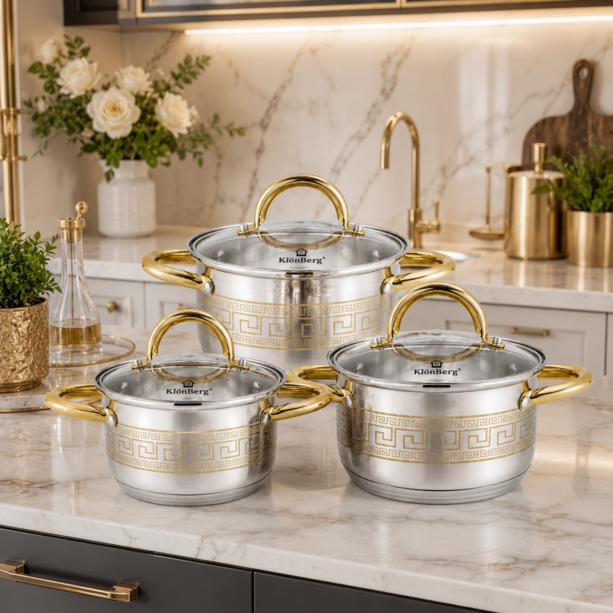 products.photoOf Stainless Steel Cookware Set 6-Piece with Lids and Gold Decorative Design KB-3040