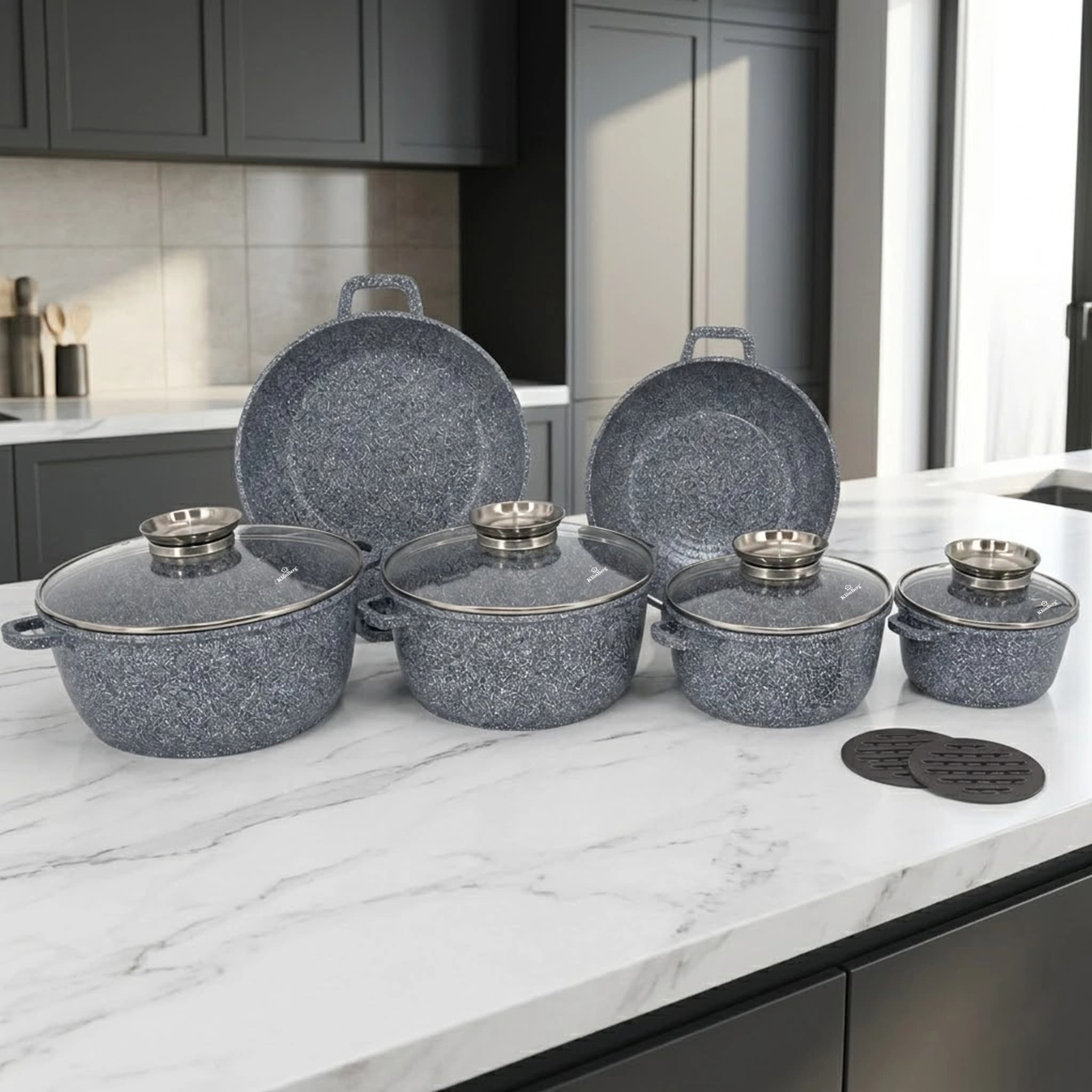 products.photoOf Cast Aluminum Nonstick Cookware Set 12PCS Ceramic Marble Grey with Glass Lids KB-3945