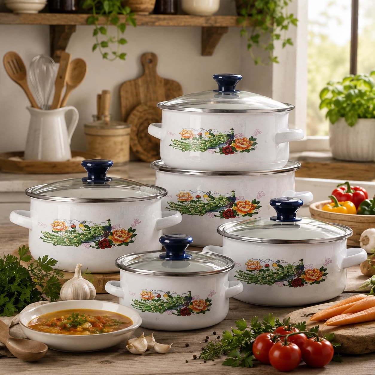 products.photoOf Floral Enamel Cookware Set 10 Piece with Glass Lids KB-9101