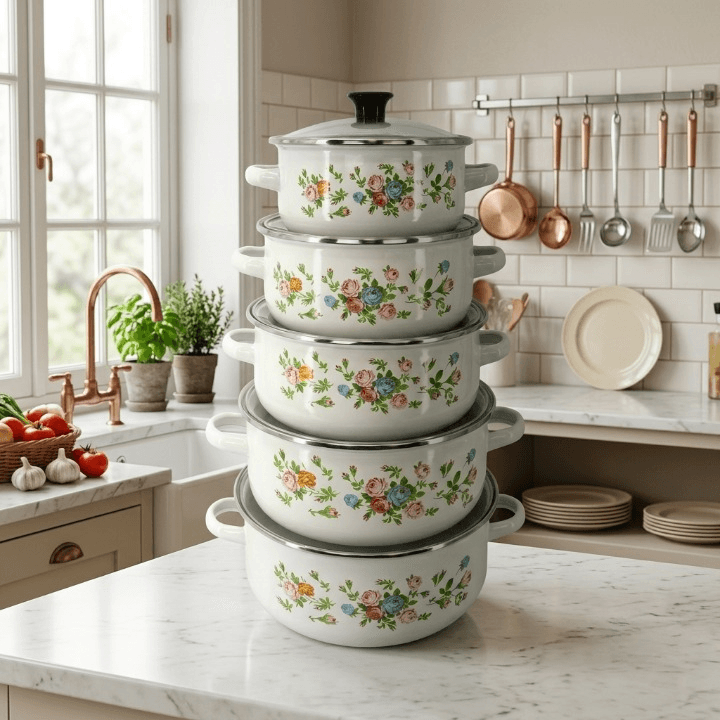 products.photoOf Enamel Cookware Set 10 Pieces with Floral Design and Glass Lids KB-9101