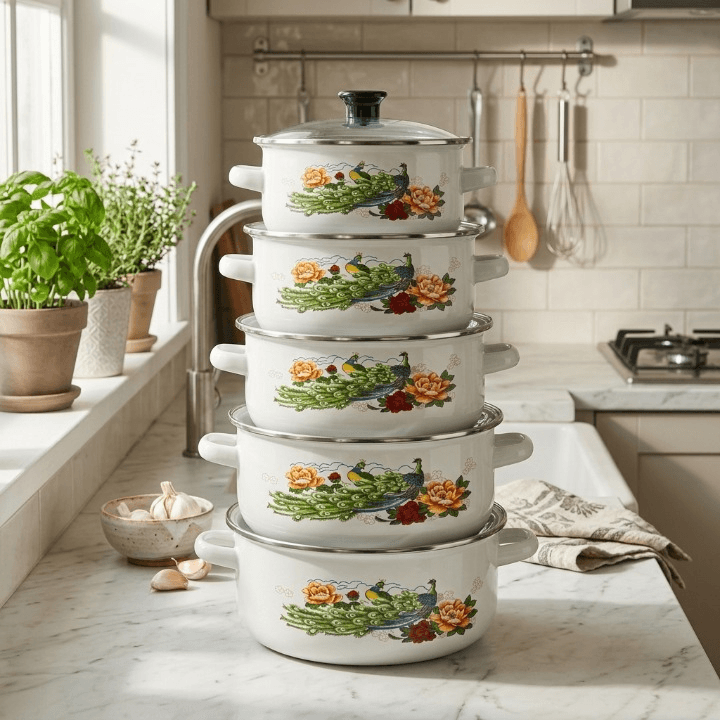 products.photoOf Enamel Cookware Set 10 Pieces with Peacock Design and Glass Lids KB-9101