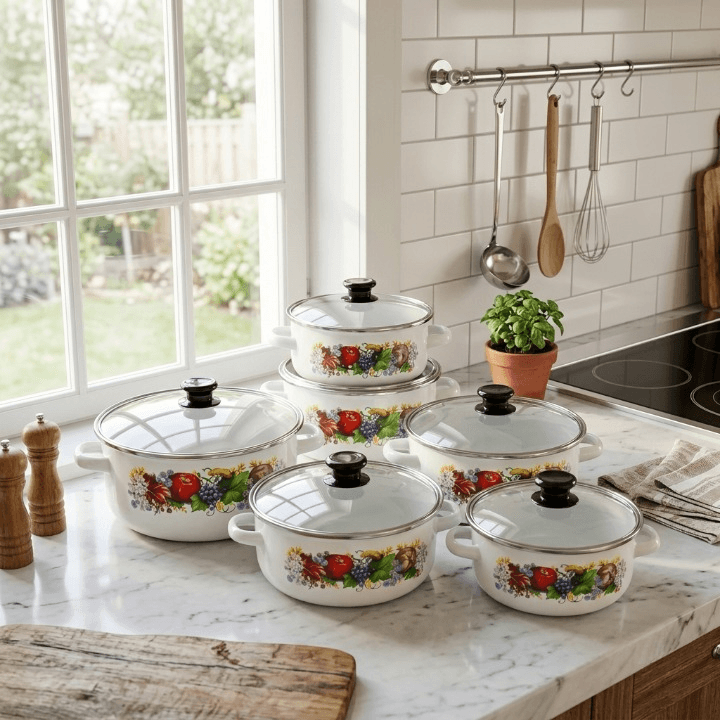products.photoOf Enamel Cookware Set 10 Piece with Glass Lids White Floral Fruit Design KB-9101