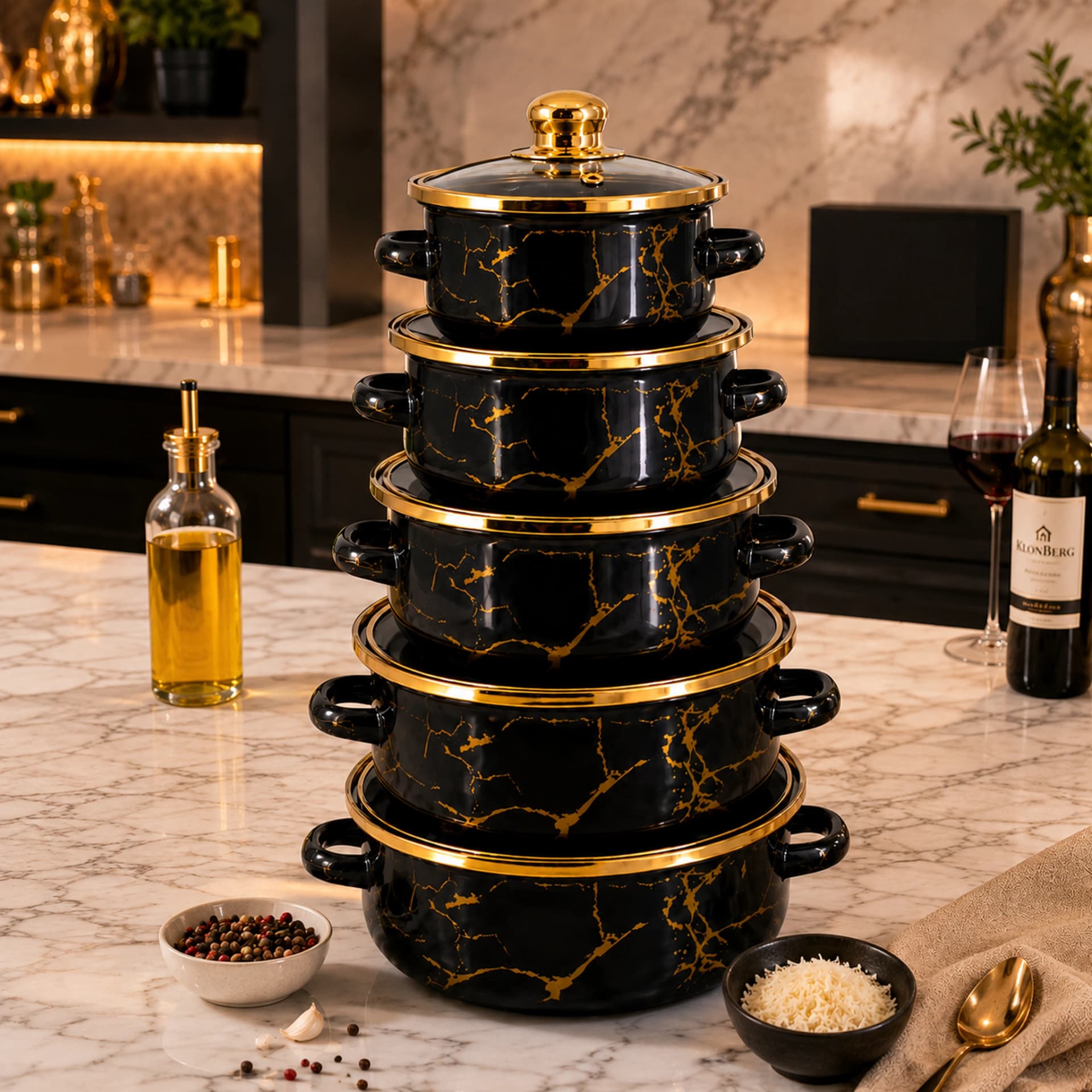 products.photoOf Black and Gold Enamel Cookware Set 5 Piece with Glass Lids and Stainless Steel Rim KB-9106