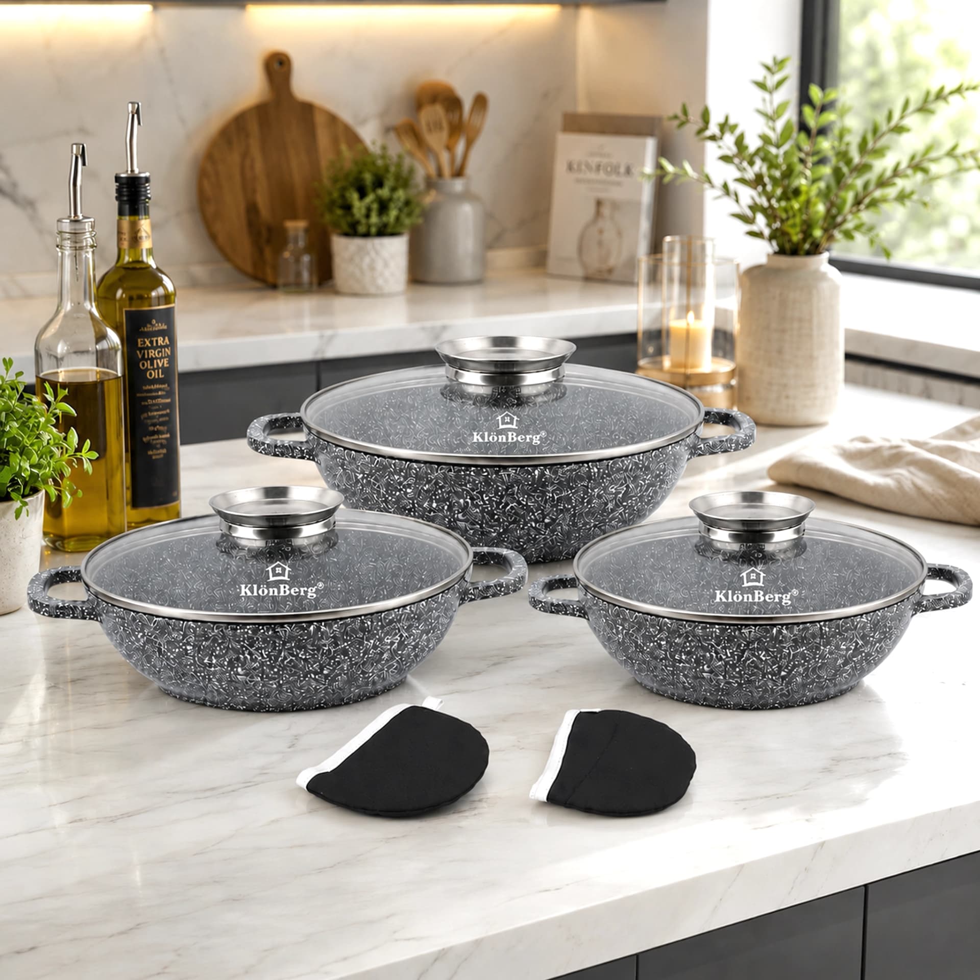 products.photoOf Ceramic Marble Non-Stick Cookware Set 6pcs with Glass Lids KB-3951