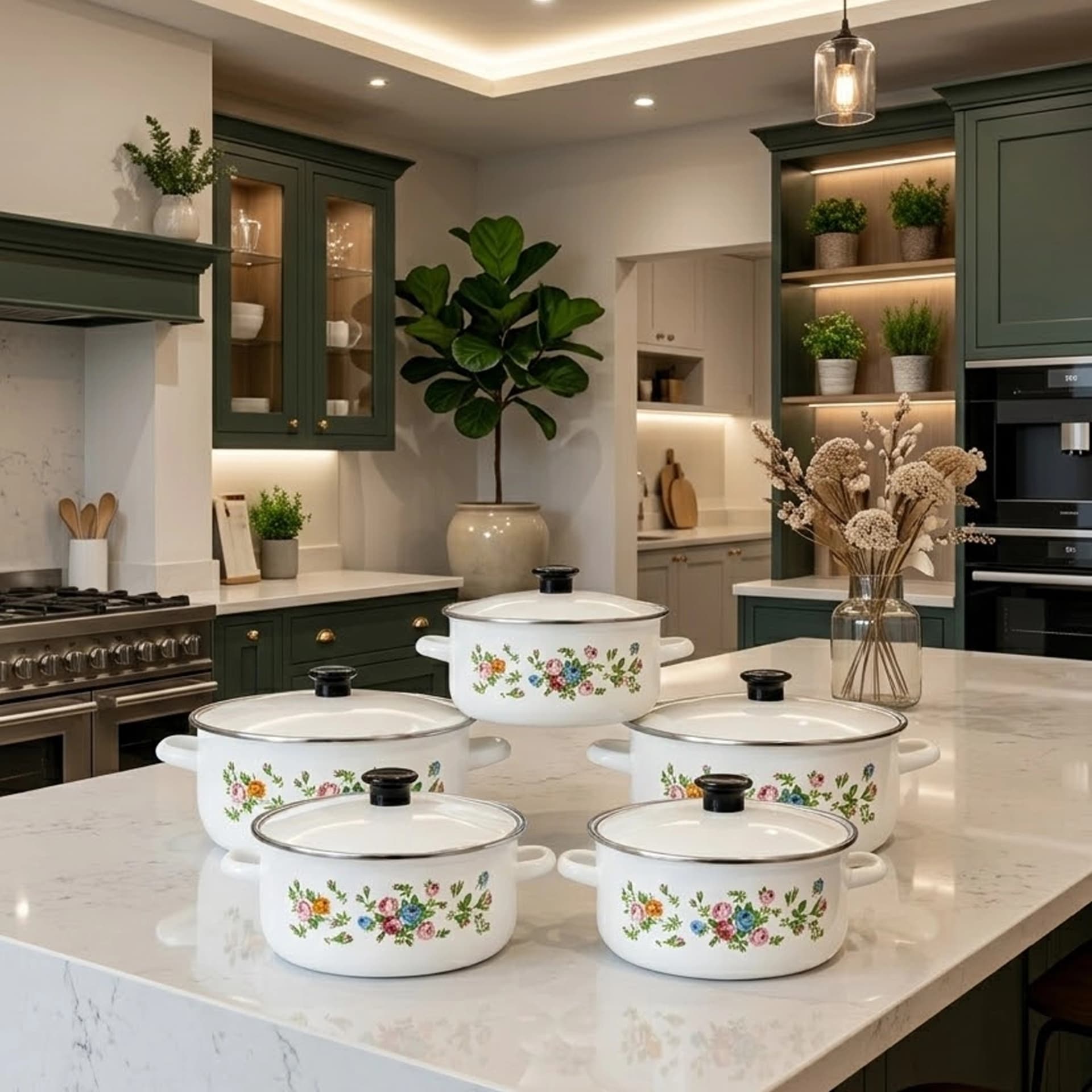products.photoOf Enamel Cookware Set 10 Pieces with Floral Design and Glass Lids KB-9101