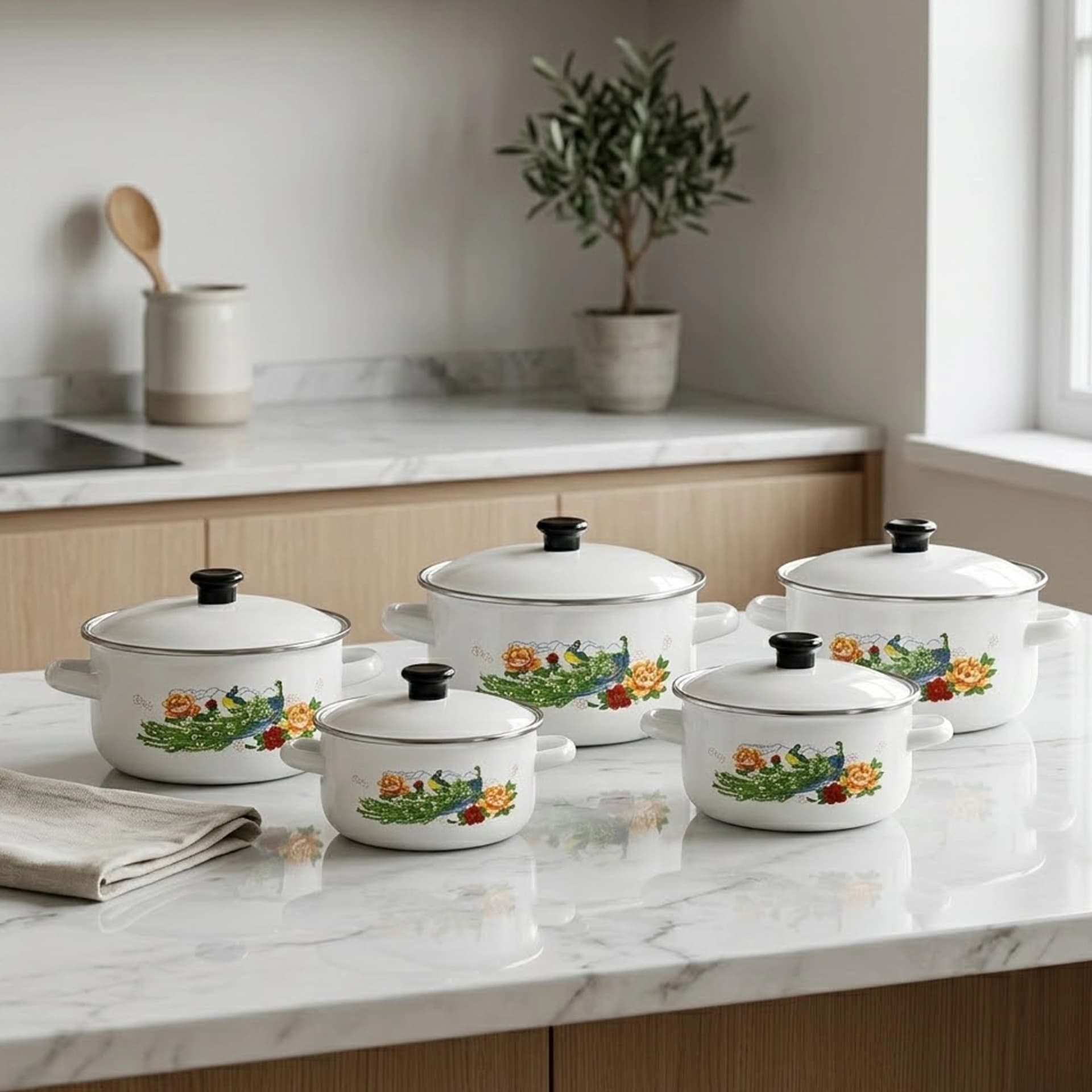 products.photoOf Enamel Cookware Set 10 Pieces with Peacock Design and Glass Lids KB-9101