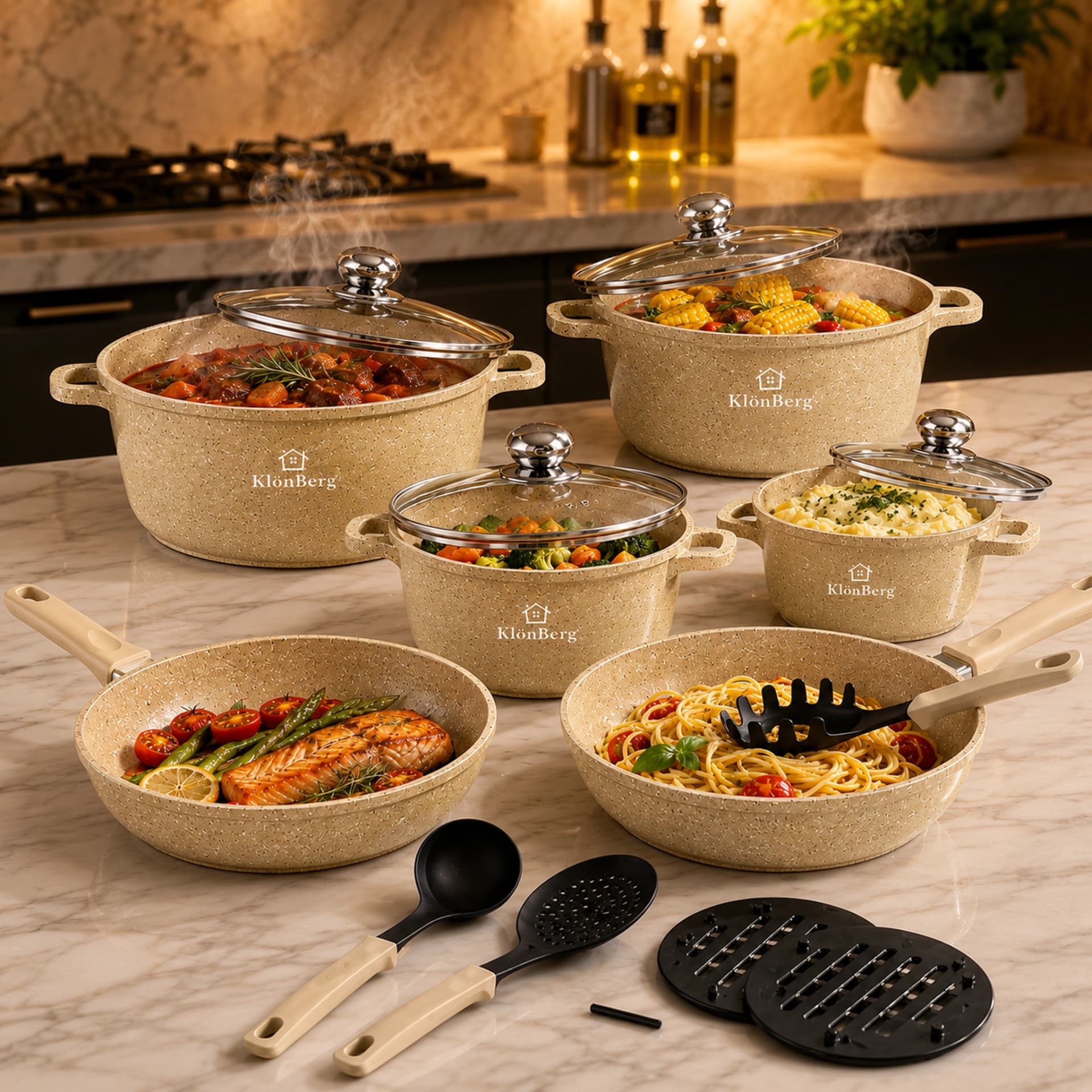products.photoOf Cast Aluminium 17-Piece Ceramic Marble Non-Stick Cookware Set in Beige KB-4075