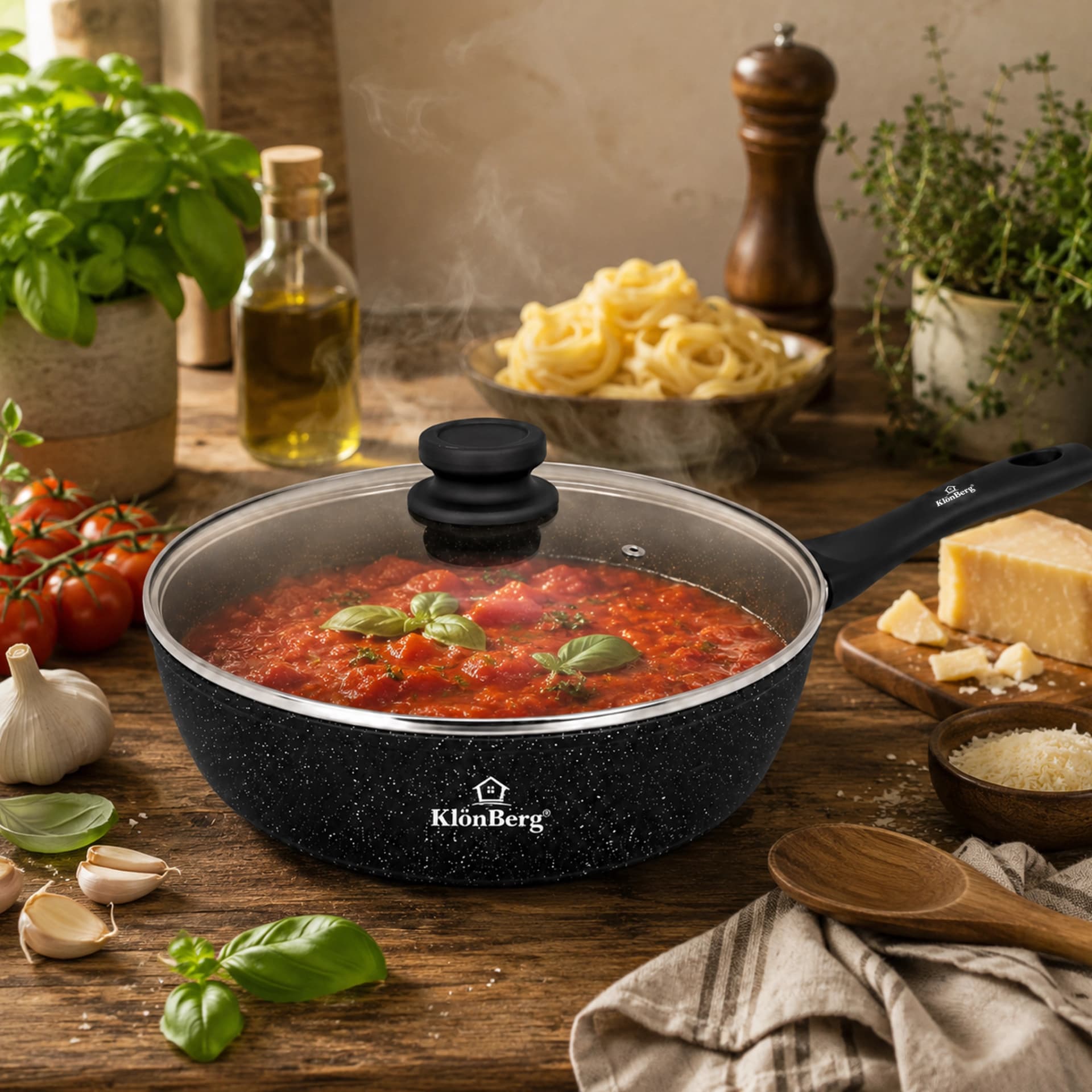 products.photoOf Frying Pan 30CM Aluminum 4.25L with Lid Non Stick Marble Coating Induction Compatible KB-8617