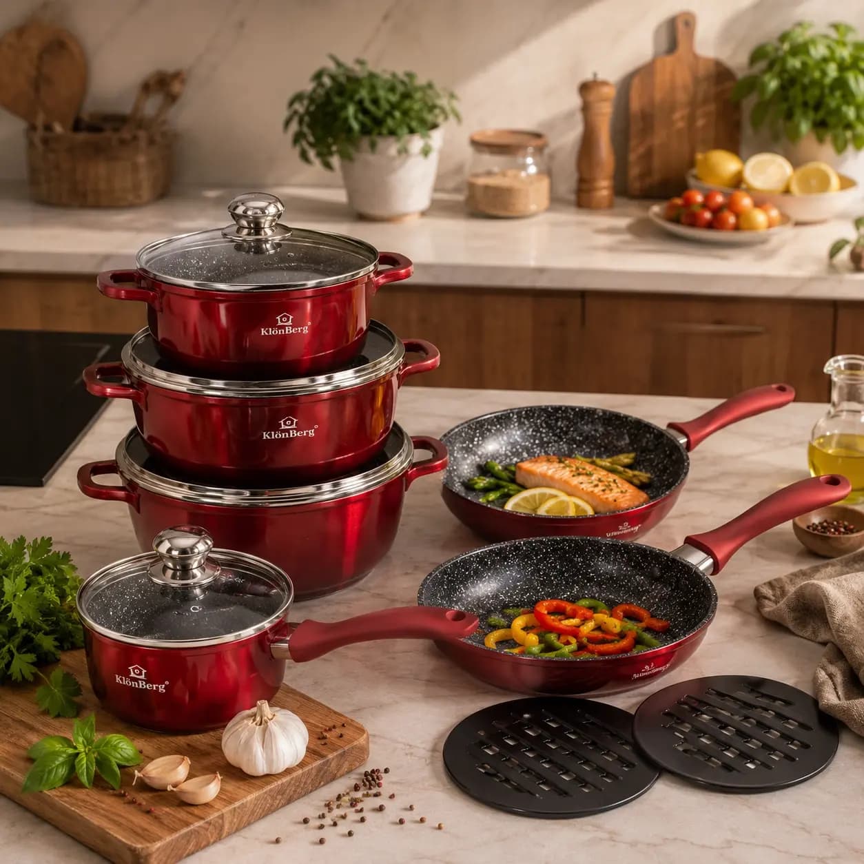 products.photoOf Cast Aluminium 12-Piece Ceramic Marble Non-Stick Cookware Set Red KB-4078