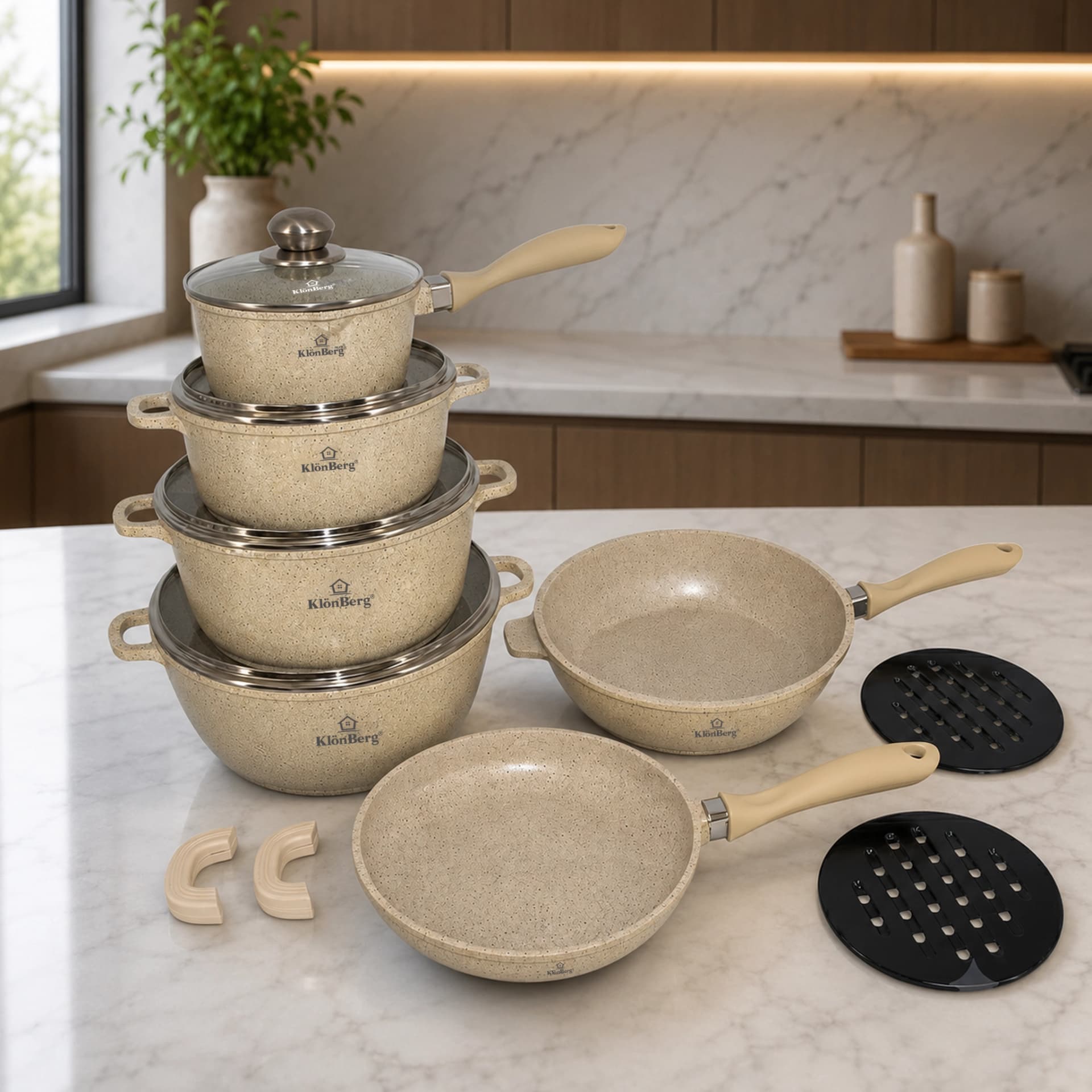 products.photoOf Cast Aluminium 17-Piece Ceramic Marble Non-Stick Cookware Set Beige KB-4080