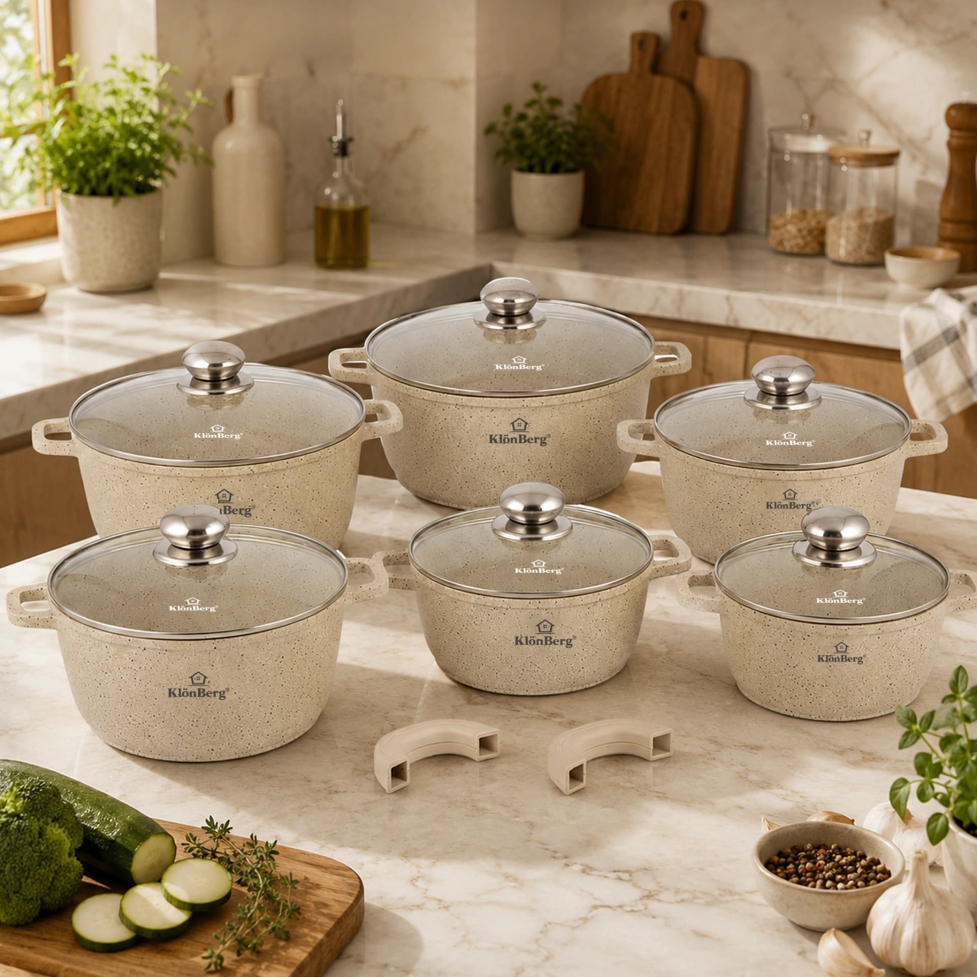 products.photoOf Cast Aluminium 12-Piece Ceramic Marble Non-Stick Cookware Set – Beige KB-4083