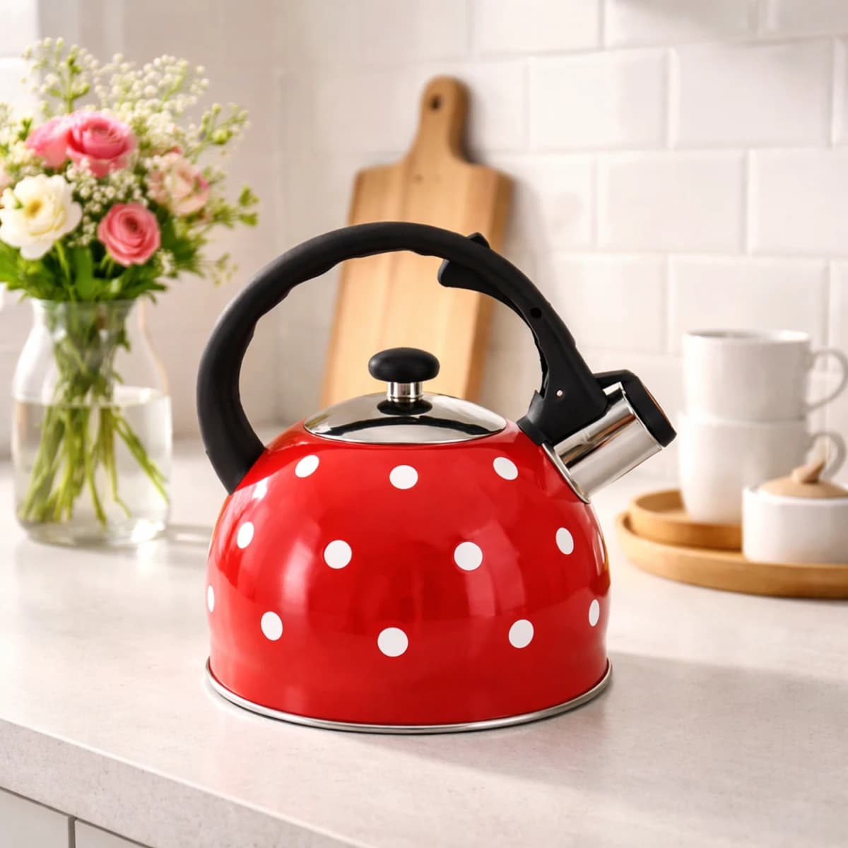 Whistling Kettle 2L Stainless Steel Red with White Polka Dot KB-1036